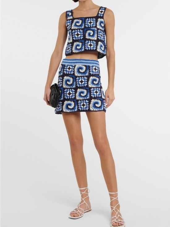 STAUD Dresses & Skirts - NWT Staud Brazing Cotton Crochet Granny Square Mini Skirt in Acid Cobalt Size XL